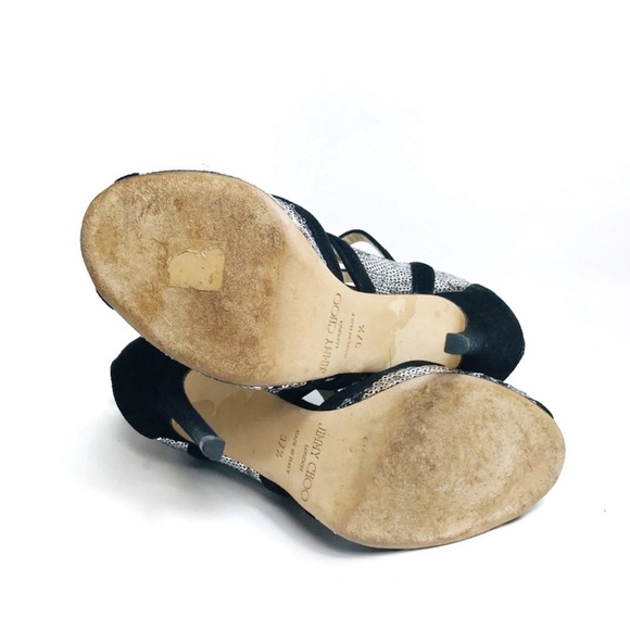 JIMMY CHOO Silver Sequin Black Suede Cut Out Temptress Stiletto Heels 37.5 - Picture 10 of 11